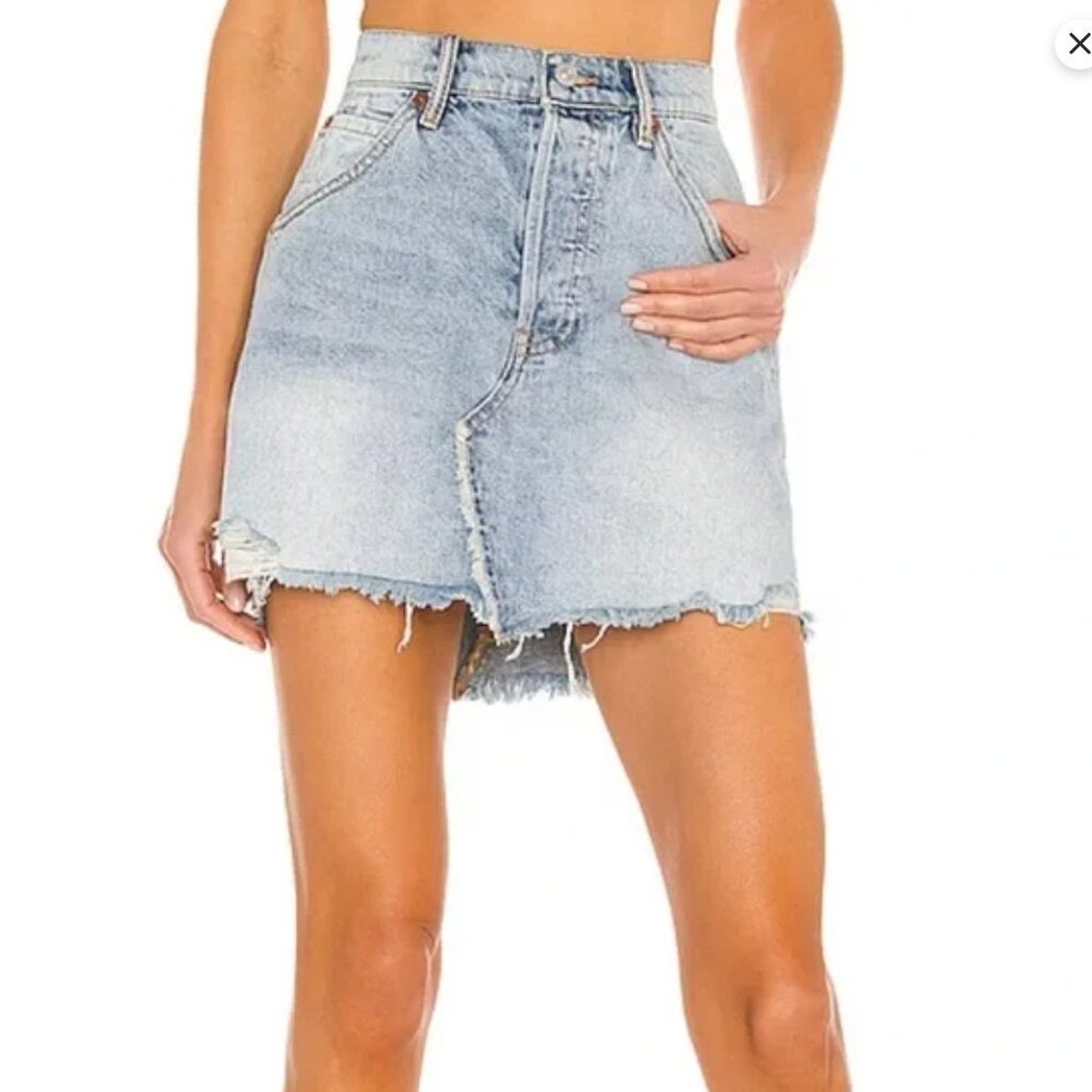 Free People | We the Free| Brea Mile High Blue Denim Distressed Mini Skirt | 25